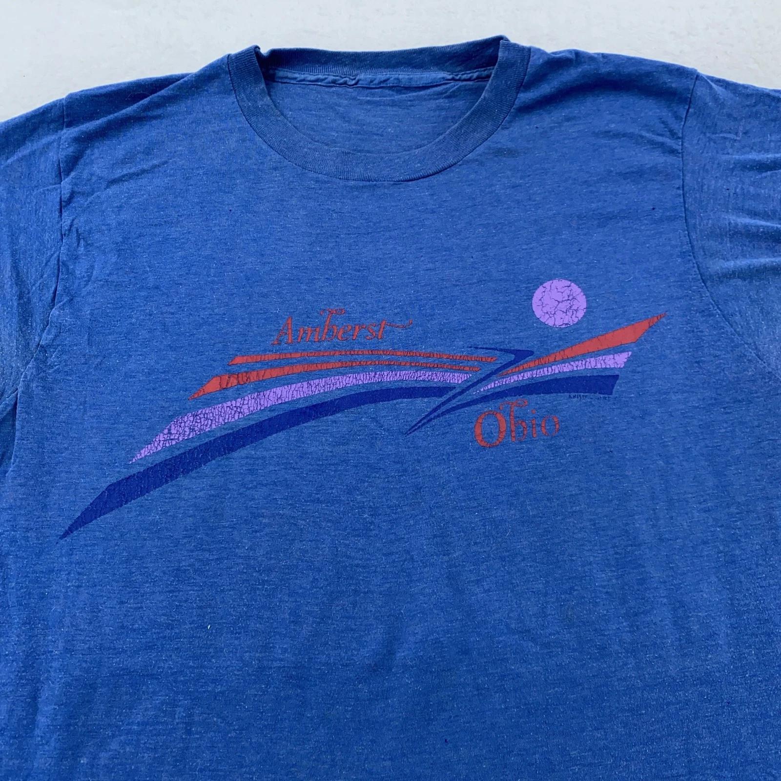 

Vintage Amherst Ohio Shirt Mens S/M Blue 80s Graphic Tee Soft Thin Tourist USA 2XL
