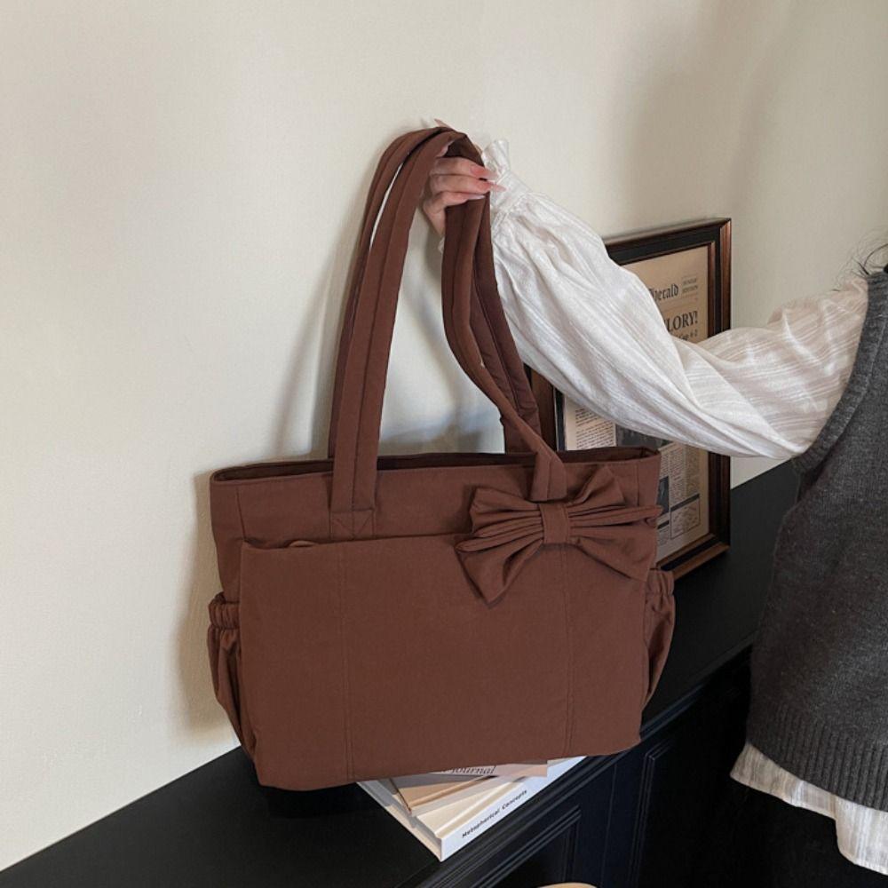 Large Capacity Cotton Padded Shoulder Bag Solid Color Nylon Handbag Bow Tote Bag  Travel Bag
