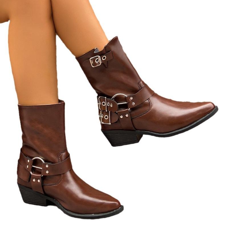 Kurzstiefel mit dickem Absatz für Damen, aber overknee, Herbst und Winter, neu, spitz, Retro, Metall, Lederschnalle, Western-Ritterstiefel