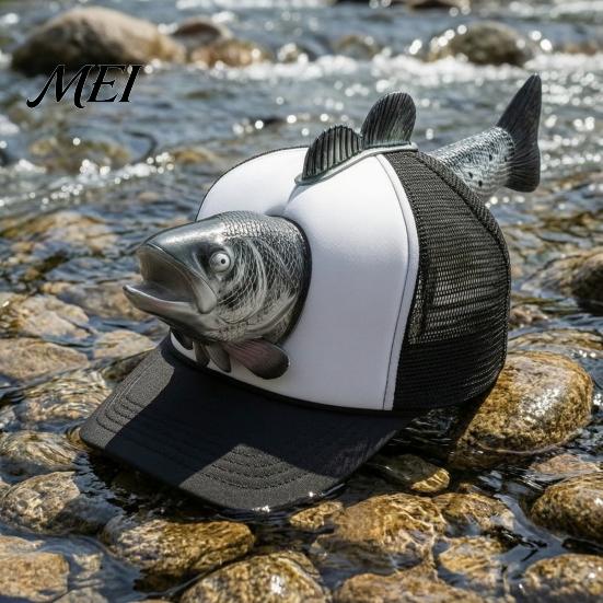 Breathable Mesh Trucker Hat Bass Fish Hat, Realistic 3D Novelty Cap, Adjustable Fishing Cap Sun Hilarious for Men Anglers Outdoor Camping Design