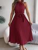 Women Elegant Stand Collar Sleeveless High Waist Pleated Solid Color Long Dress