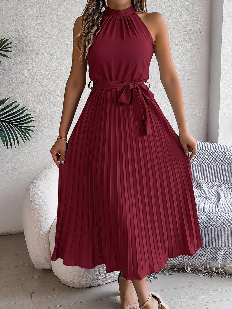 Women Elegant Stand Collar Sleeveless High Waist Pleated Solid Color Long Dress
