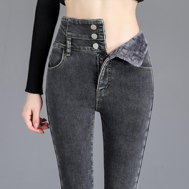 New autumn and winter women's clothing velvet jeans, thin high-waisted breasted leggings, versatile women's pants
