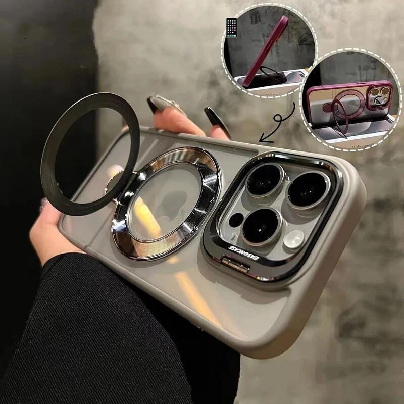 For iPhone 16 Pro Max Luxury Transparent Magsafe Magnetic Holder Frame Phone Case For iPhone 11 12 13 14 15Plus Lens Stand Cover