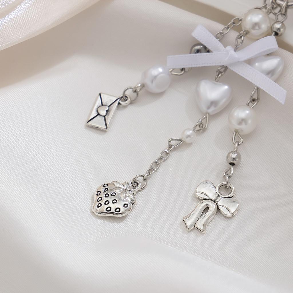Love Heart Bowknot Keychain Women Creative Imitation Pearl Bead Key Ring Handbag Accessorie Diy Handmade Jewelry