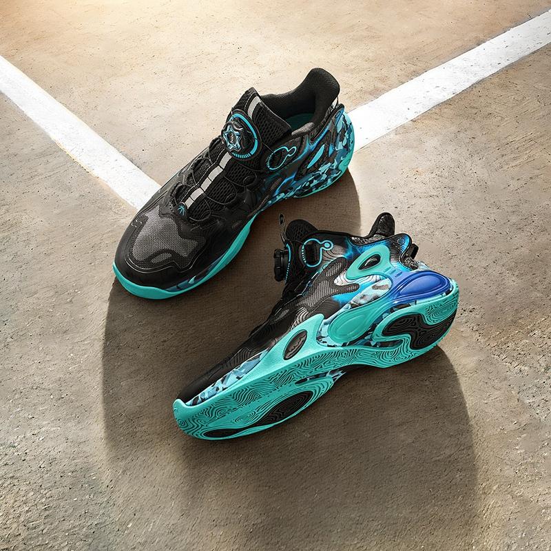 Anta Kids Thunderbolt Slip-On Rotating Buckle Non-Slip Wear-Resistant High-Top Basketball Shoes Men Basketball Shoes Black Green 312441107-1