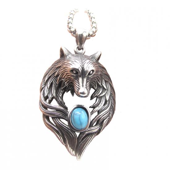 Cool Mens Stainless Steel Turquoise Wolf Head Pendant Necklace For Men Women