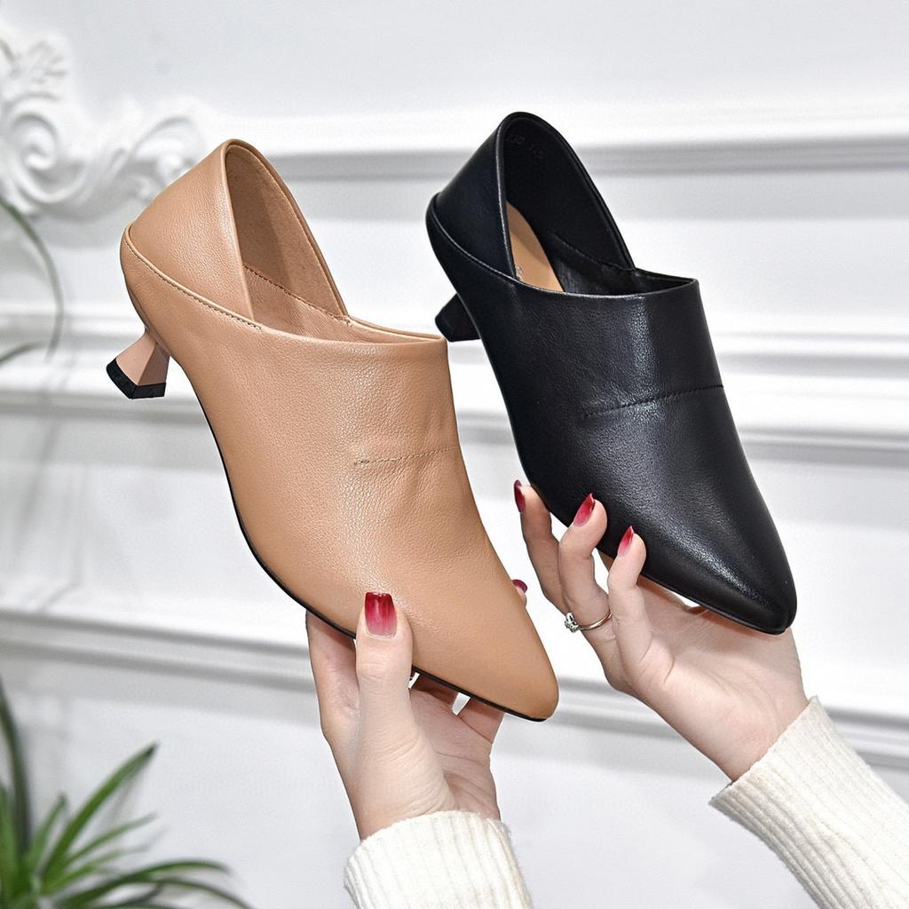Pointed High Heels Women's Shoes 2025 Spring New European and American Style First Layer Cowhide Deep Mouth Fashion Shoes Thin Heel Two Shoes