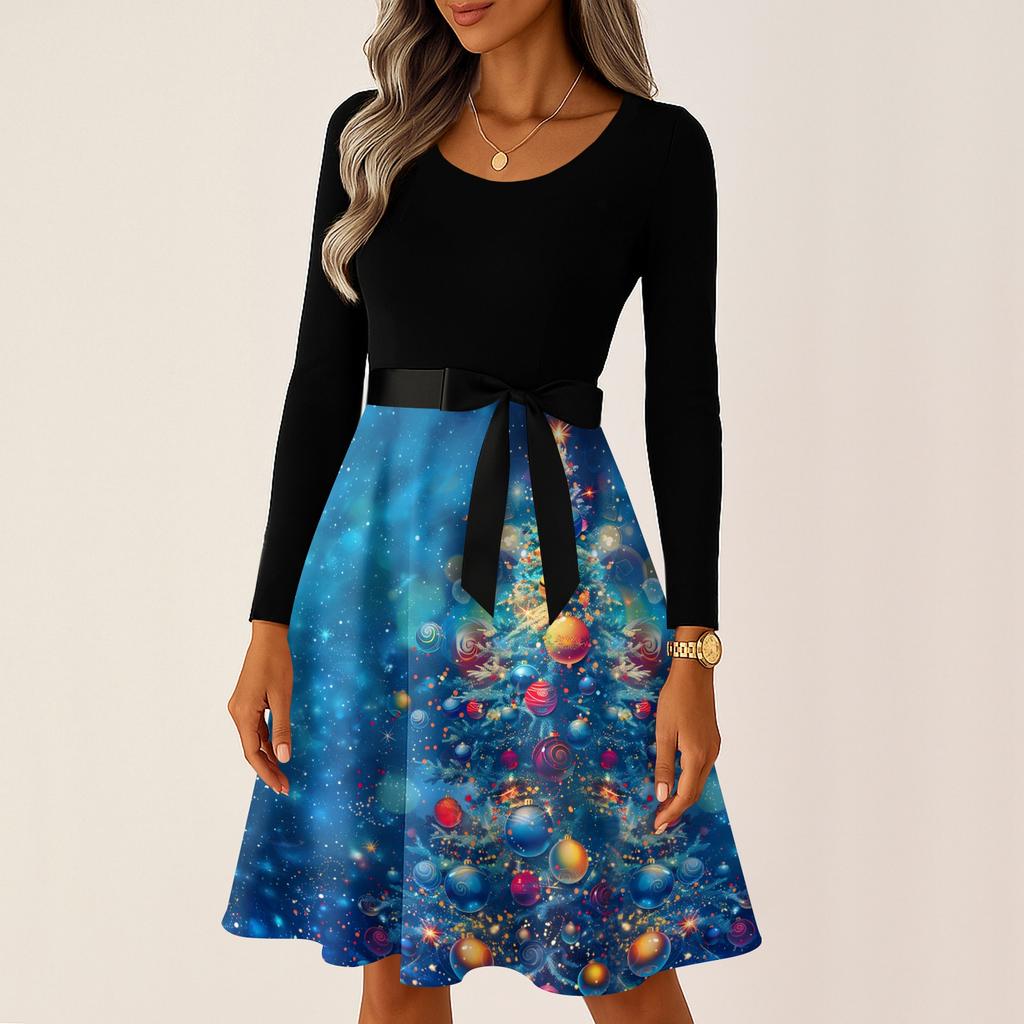 Women's Casual Fashion Long Sleeve Christmas Graphic Printed Vintage Long Dresses