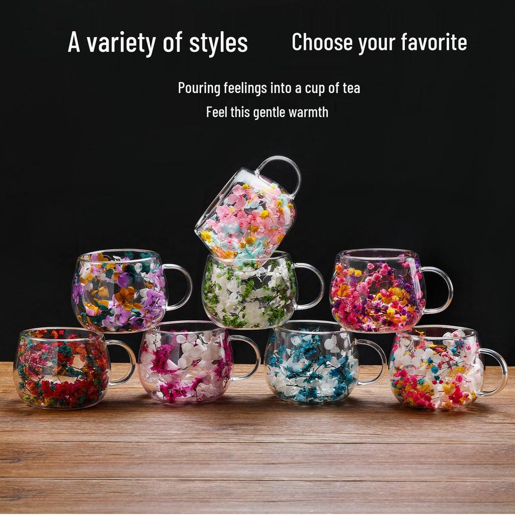 Creative Double-Layer High Borosilicate Glass Cup with Real Dried Flowers, Ideal for Milk or Juice