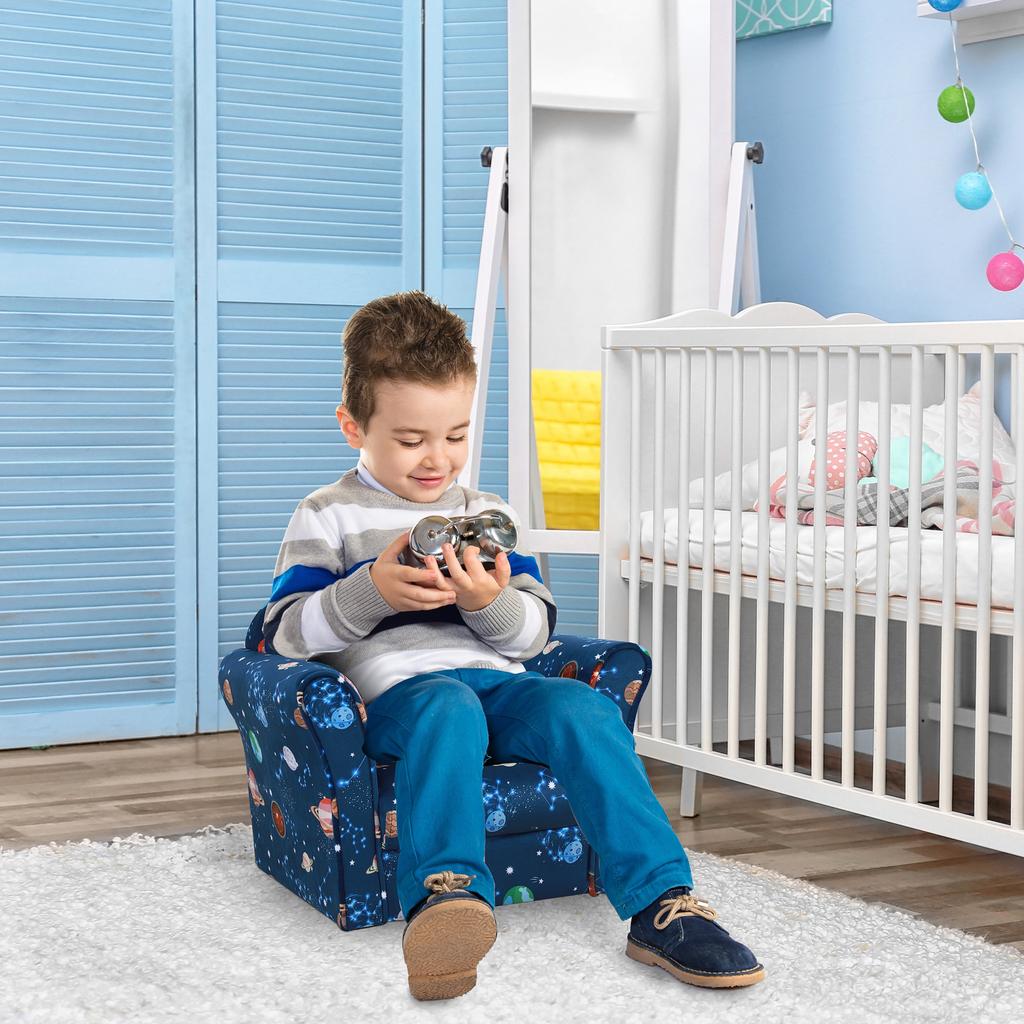 Kids Planet-Themed Armchair, with Non-Slip Feet, Wooden Frame - Blue