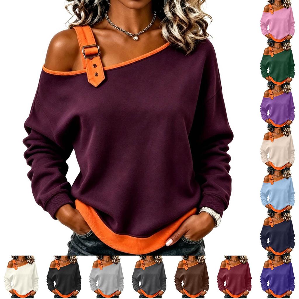 Women's Casual One-Shoulder Top Vintage Color Block Versatile Blouse for Everyday Wear