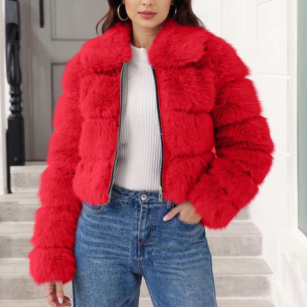 Women's Fashionable Warm Long Sleeve  Solid Color Furry Collar Coat