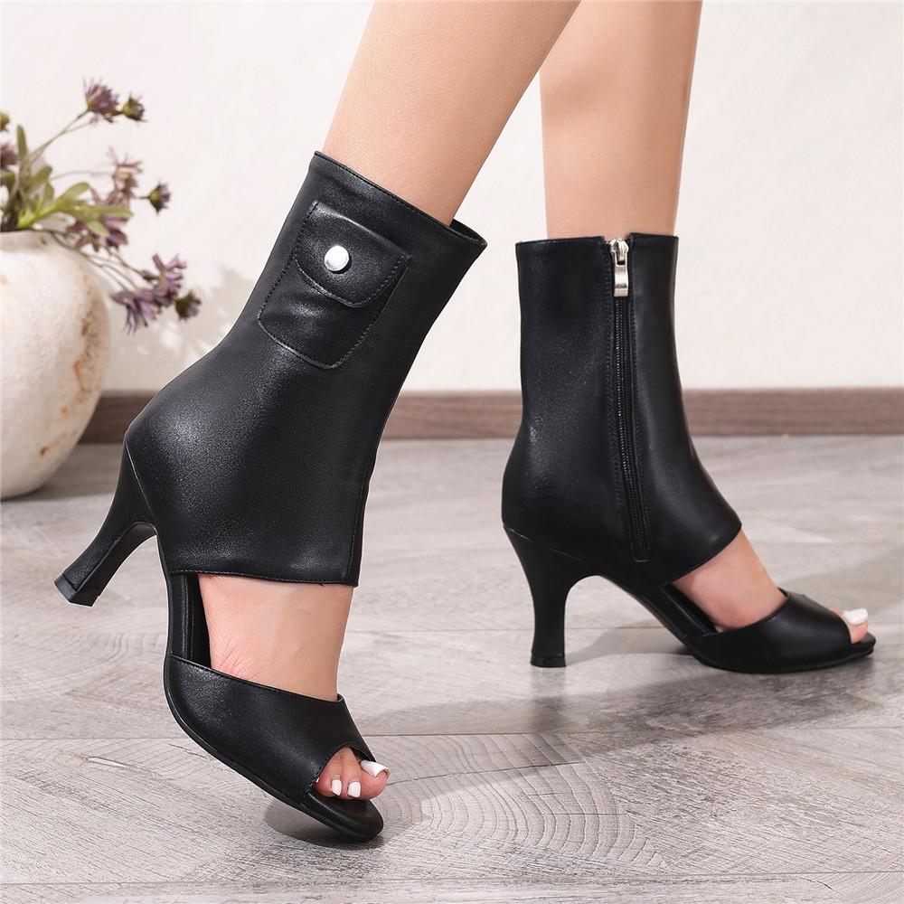 Fashion Ankle Strap PU Leather Stiletto Heel Women Sandal 2025 Summer High Heels Wedding Party Sexy Shoes Fashion Zip Solid Pumps Black