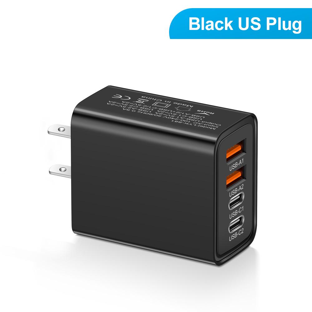 2.4A Multi-port Charger: Dual Type-C PD + Dual USB for Mobile Phones, Travel-Ready