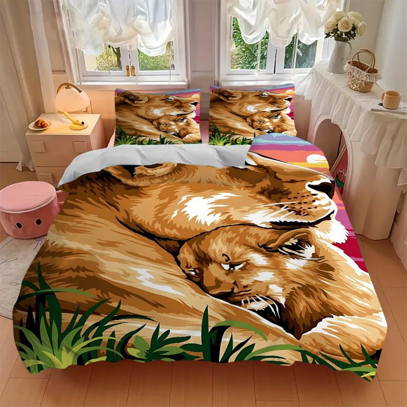 3pcs Lioness, Cub Duvet Cover Set -Includes 1 Duvet Cover and 2 Pillowcases, No Quilt Core, All-Season Home Decor yy251111161