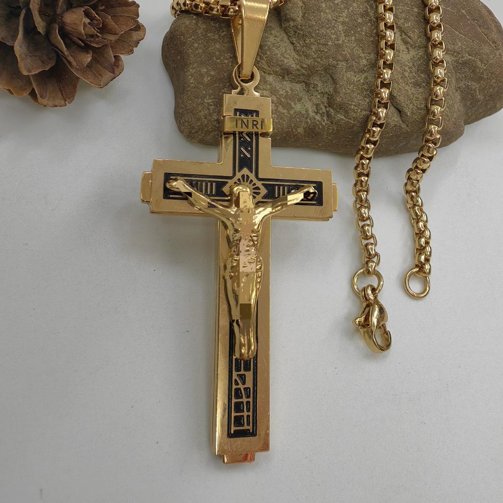 Colier pandantiv Crucifix Isus Cristos Catolic din Oțel Inoxidabil Colier cu lanț Curb 24" pentru Bărbați Femei