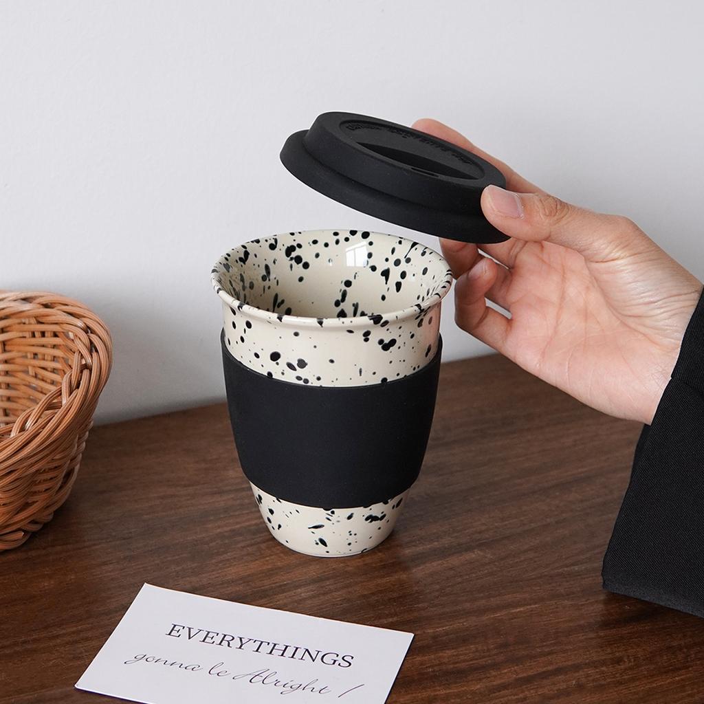 1Pc Ink-Splattered Ceramic Coffee Cup with Lid, Nordic Style Minimalist Cupware, Beautifully Designed, Suitable for Home Decor Tableware