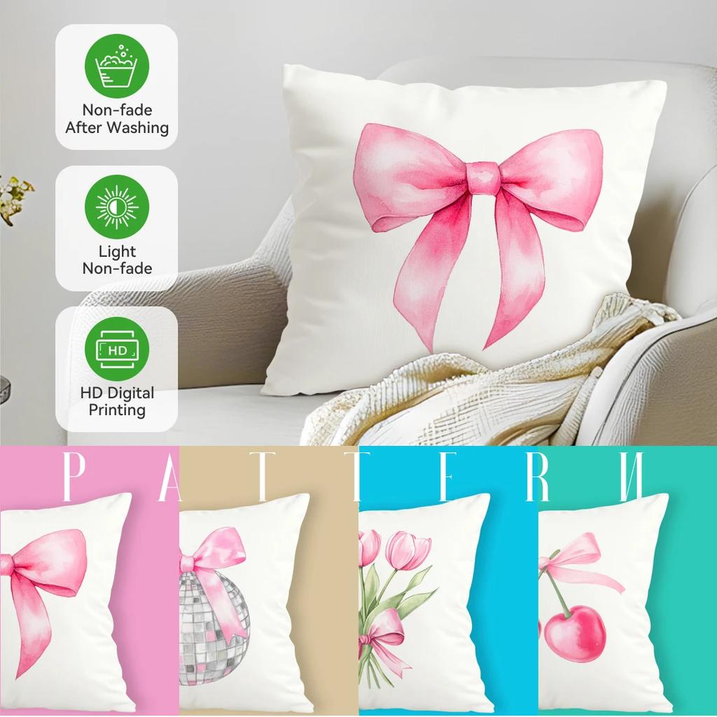 4 Pcs Pink Bow Single-Sided Printed Pillowcase Cushion Cover,Suitable For Living Room,Bedroom,Car Decoration