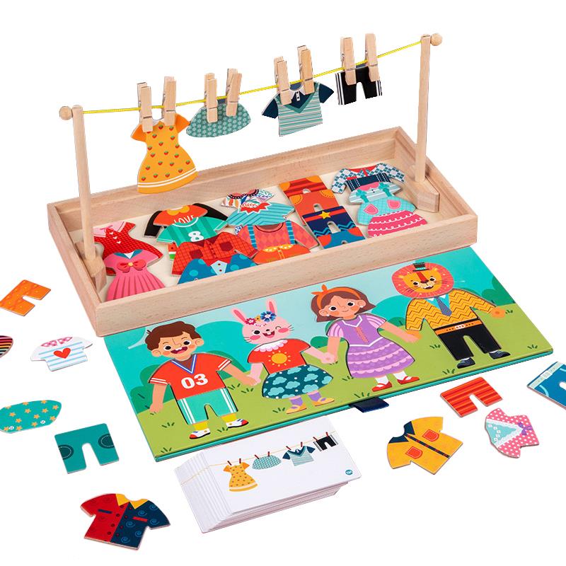 Wooden Kids Clothes Drying Dress-Up Puzzle Jigsaw Montessori Games Toys Thinking Games Educational Matching Sorting Toys Gifts