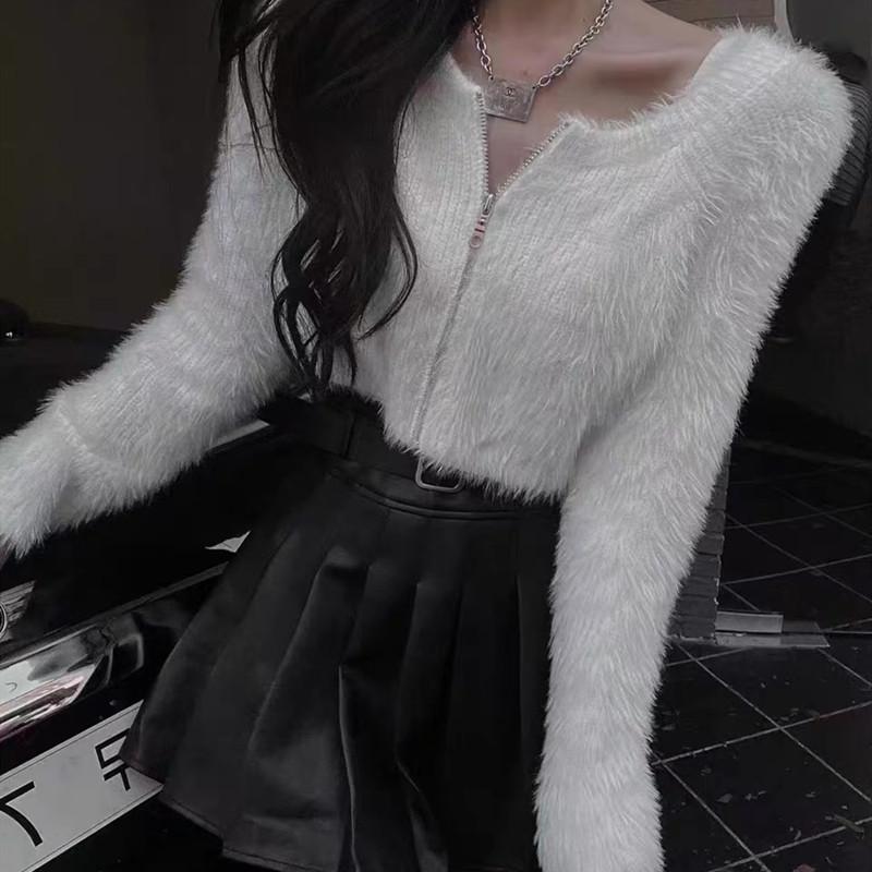 Autumn round neck long-sleeved plush sweater, fashion short zipper mink fleece jacket 6696# One Size