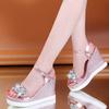 Wedge heel sandals women's 2024 summer new inner heightening bright diamond fish mouth waterproof table high heel buckle women's shoes tide
