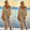 Cover Up Women Bohemian Maxi Long Kimono Tunic Cape Beach Dress Fashion Vintage Sequin Sleeve Cardigan Holiday Party Gold
