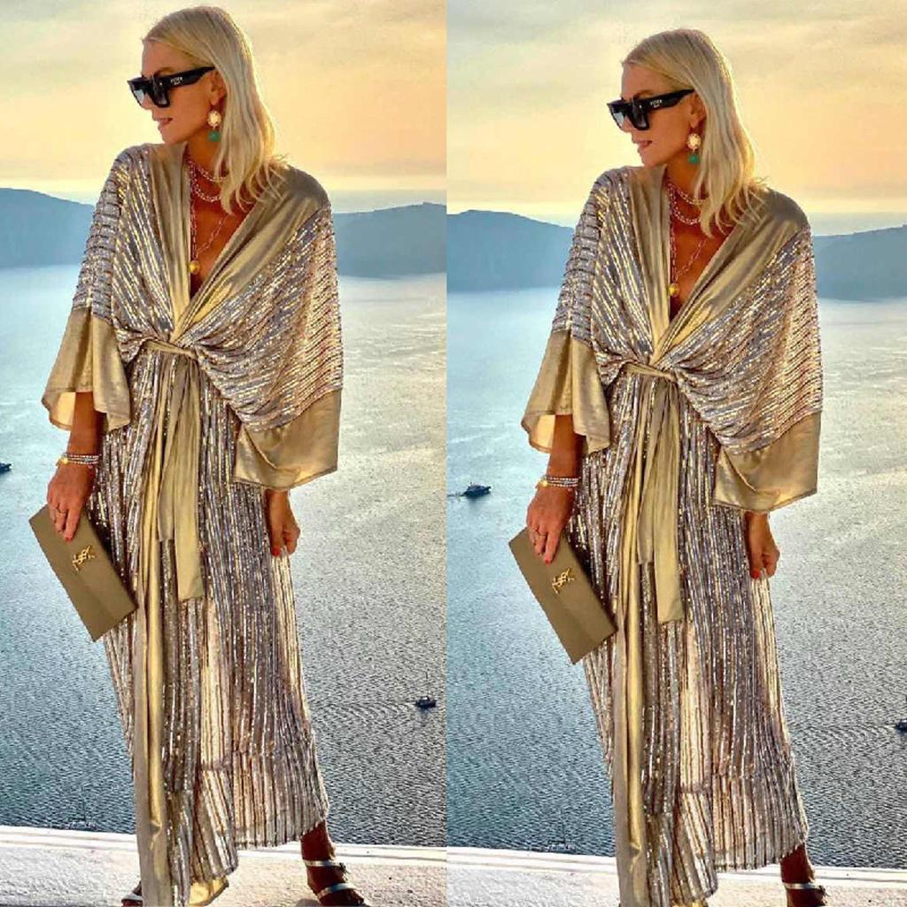 Cover Up Women Bohemian Maxi Long Kimono Tunic Cape Beach Dress Fashion Vintage Sequin Sleeve Cardigan Holiday Party Gold