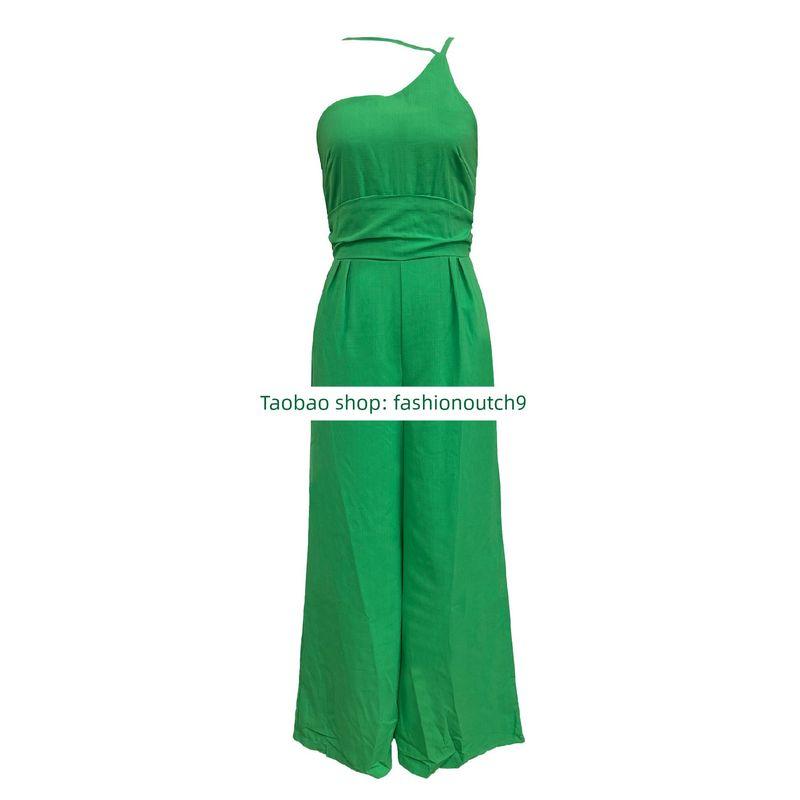 

2023 Однотонный Свободный Комбинезон с Широкими Штанинами из Хлопка и Пеньки Green XL