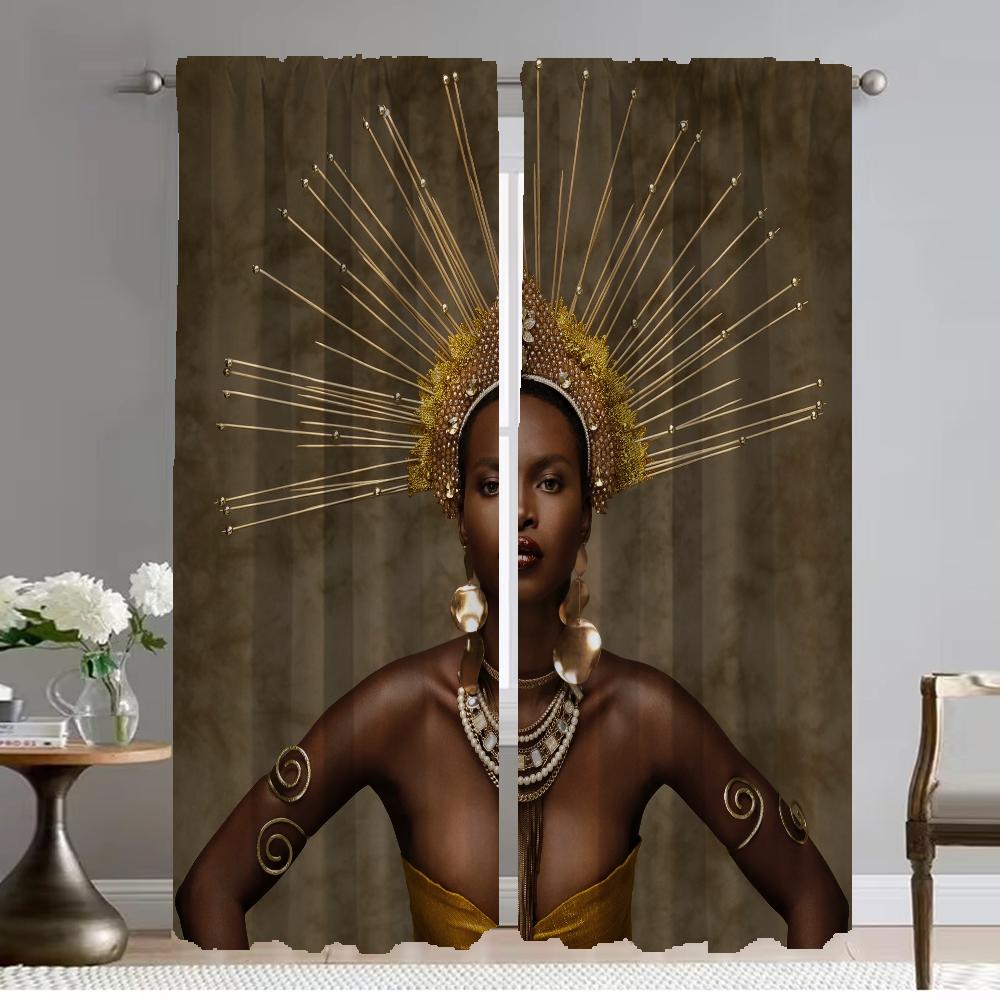 

Черно-золотые африканские женские шторы для гостиной, шторы для комнаты, 2 панели, украшения на Хэллоуин, перегородки, затемнение кухни W50xH70cmx2pcs-CL