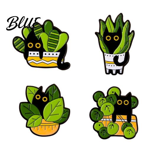 Cat Lapel Pin Enamel Brooch Cartoon Green Plant Shape Compact