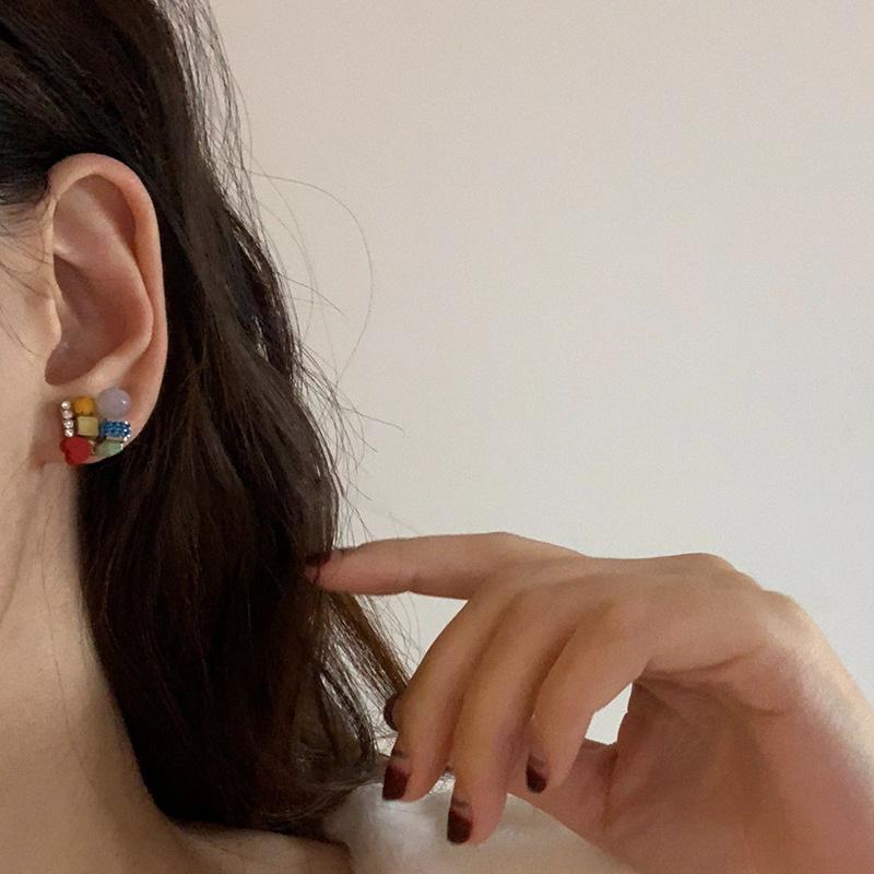 Korean Niche Color Block Crystal Earrings, Luxury Retro Contrast Color Stud Earrings for Women
