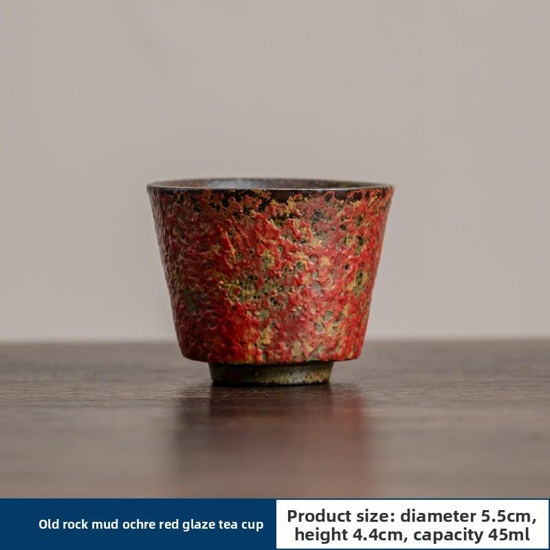 

Traditional Handmade Old Rock Mud Teacup with Ochre Red Glaze Wabi Sabi Ceramic Gongfu TeaCup for Zen Meditation Home Decor Gift 45ml