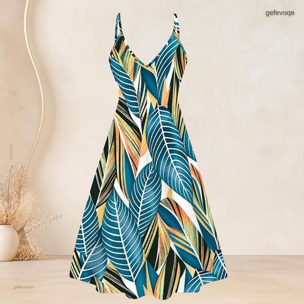 Women Plus Size Two Piece Set Short Sleeve Cardigan Tropical Leaf Printed Strappy V Neck Flared Dress