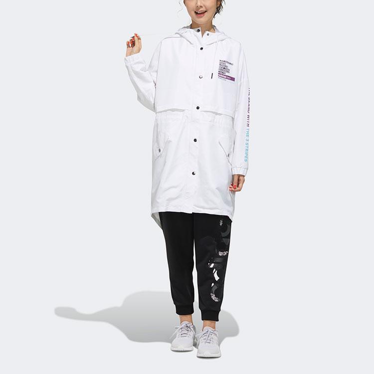 Adidas Neo Printed Logo Letter Sports Mid-Length Hooded Windbreaker Women Outerwear White FU1073