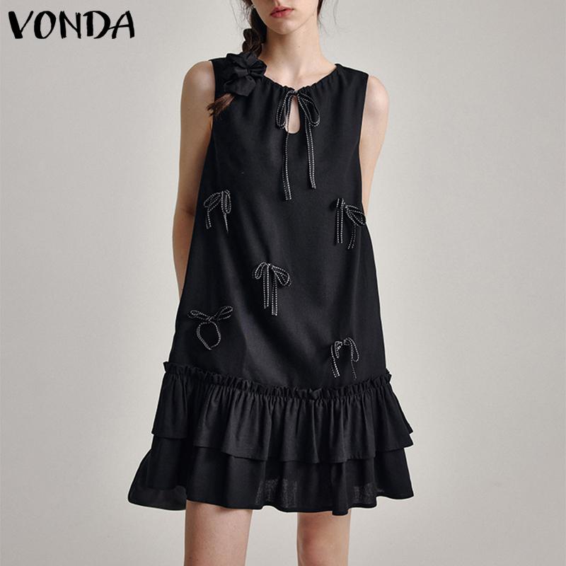 

VONDA Summer Women Sleeveless Ruffled Bow Knot Casual Pleated Dress M