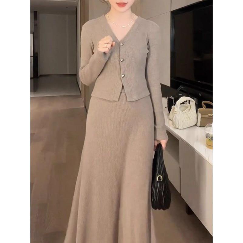 Womens Lazy Chic Knit Set Long Sleeve V-Neck Top Midi Skirt Solid Color Casual Outfit Winter