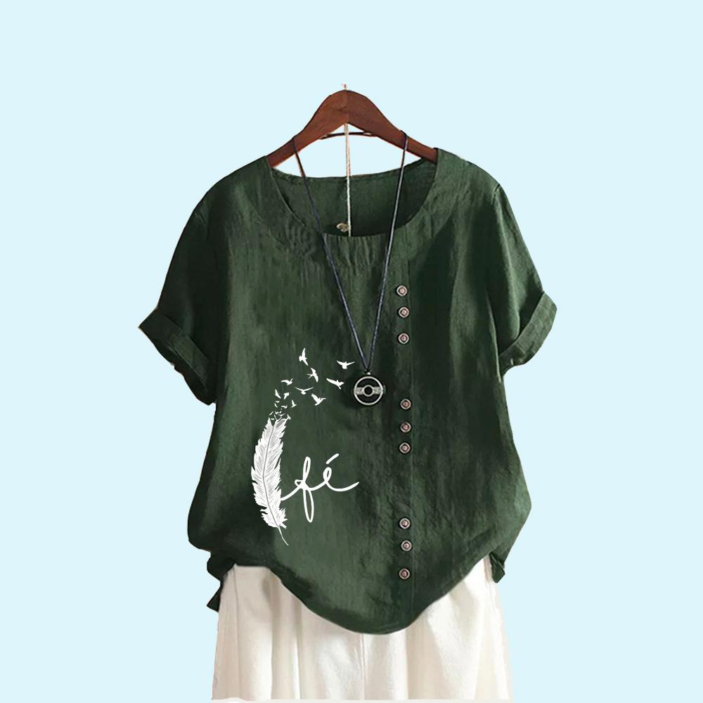 Women Fashion Print Short Sleeve Blouse Summer Casual Round Collar Cotton Linen T-shirt Pullover Loose Top
