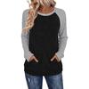 Fall/Winter Round-neck Color-Contrasting Pockets Ribbed Long-Sleeved Loose-Tee Women's Shirt