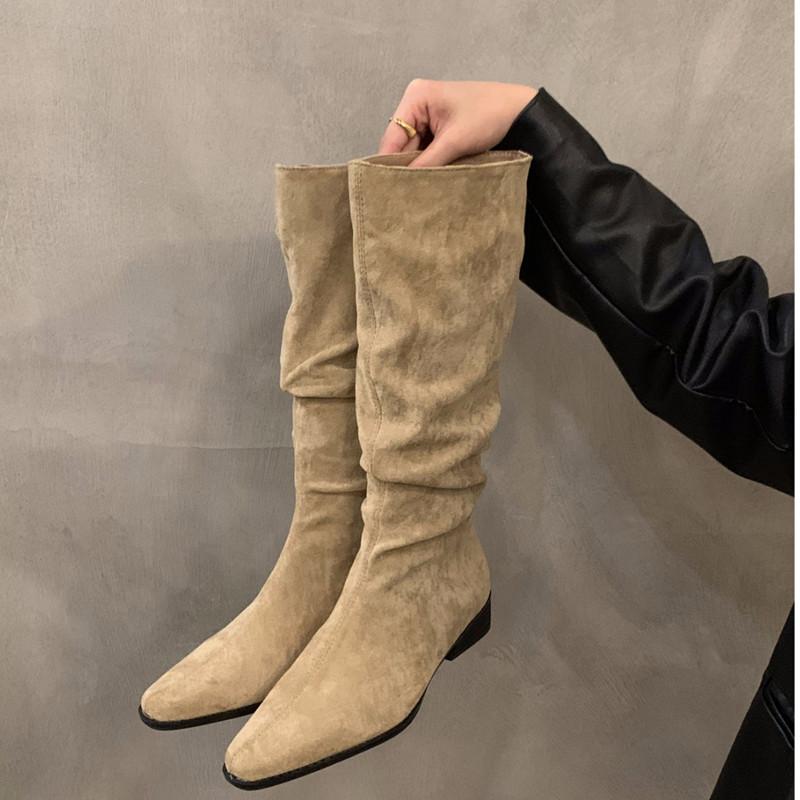 Chaussures d'automne et d'hiver grande taille confortables à semelles épaisses et talons épais, bottes à tube haut rétro plissées pour femmes