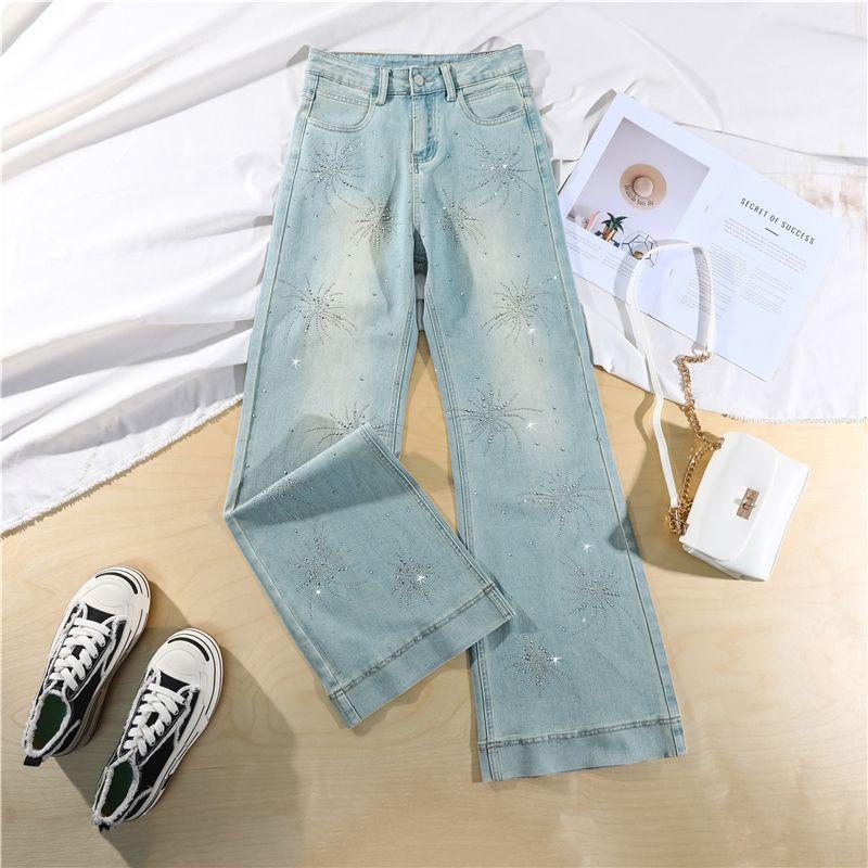 Spring Summer Firework Bling Rhinestone Non Cling Soft Relaxed Micro Flare Denim Pants For Ladies Casual Pants Oversize Denim Trousers