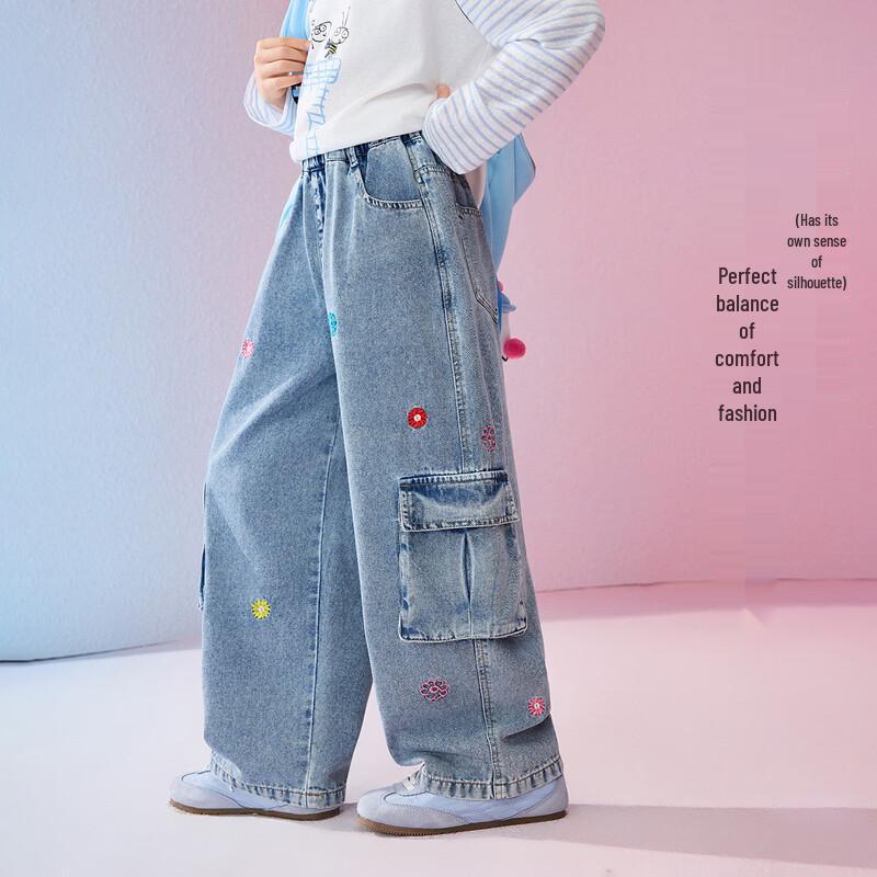 ASK JUNIOR Girls  Embroidered Wide-Leg Cargo Denim Jeans 150