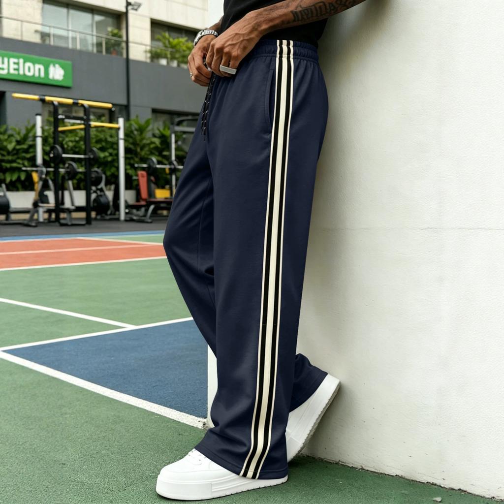 American sticker black and white strip casual trousers men's solid color street fitness running sports trousers straight sweatpants