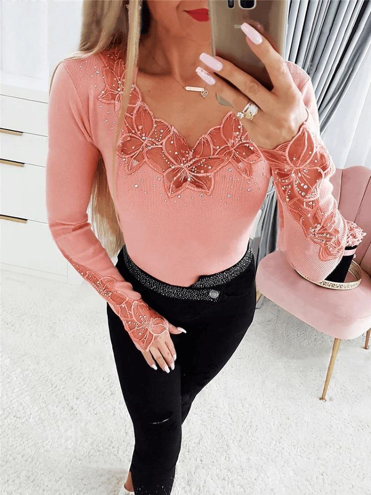 

Solid Cuff And Collar Lace Trim Rhinestone Decor Long Sleeve T Shirt Top Women Fashion Daily Basic Office Lady Casual Slim Fit Ladies Elegant Top S розовый