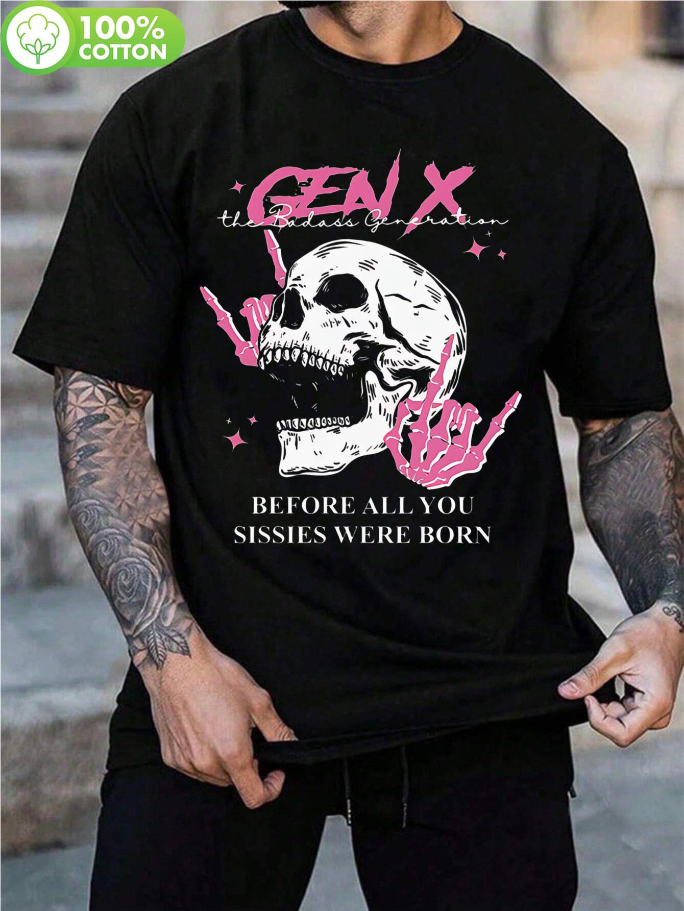 

Gen X Rebel 180GSM Cotton T-shirt - Black Edgy Skeleton & Stars Graphic Tee with Pink Accents XXXL