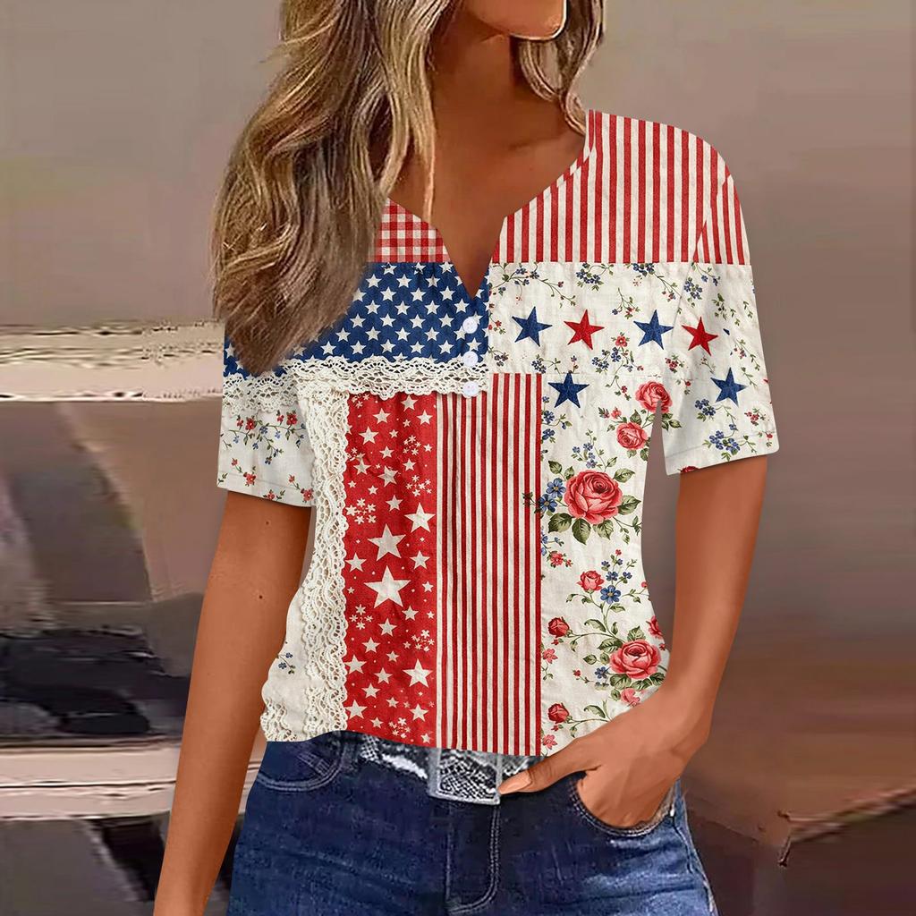 Women's Fashion Casual Independence Day Print V-Neck Short Sleeve Button-Up T-Shirt Top