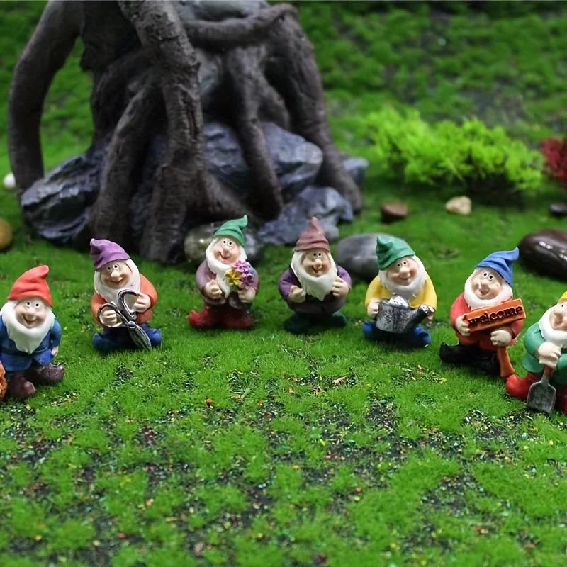 7pcs/Set, Mini Resin Garden Gnomes, Welcome Figurines, Micro Landscape Decorations, Colorful Outdoor & Indoor Fairy Garden, Lawn