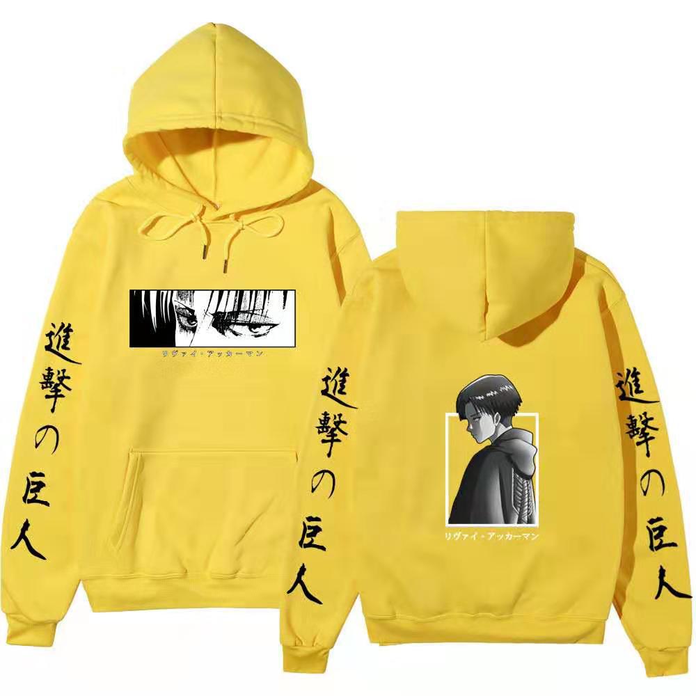 Attack On Titan Levi Ackerman Hoodie Unisex Fleece Sweatshirt Front Manga Eyes Print, Back Levi Portrait, Japanese Sleeve Text Autumn Winter Pullover