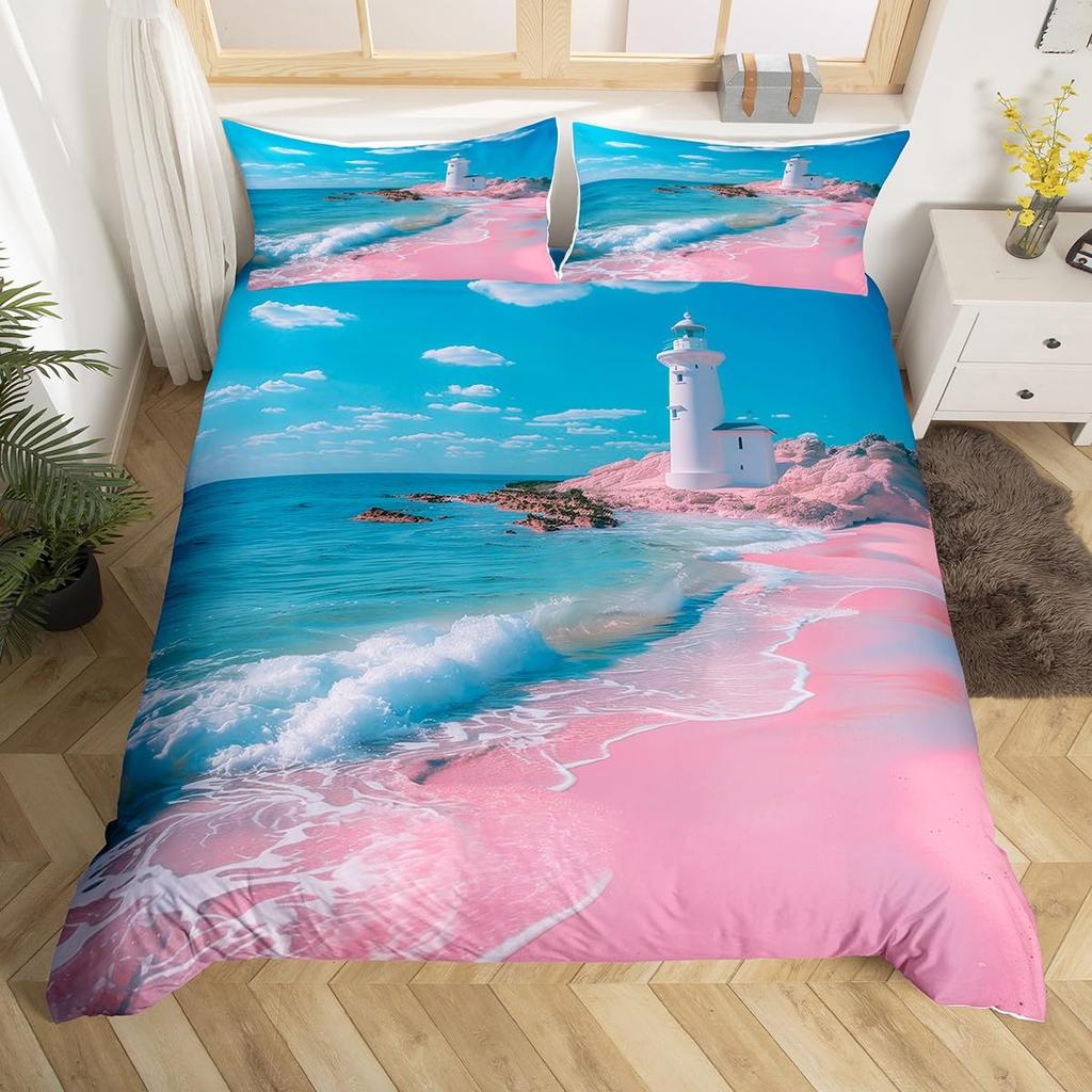 Maritimt påslakan Segelbåt Fyr Påslakan Akvarell Havstema Sängkläder Sommar Strand Polyester Täckeöverdrag