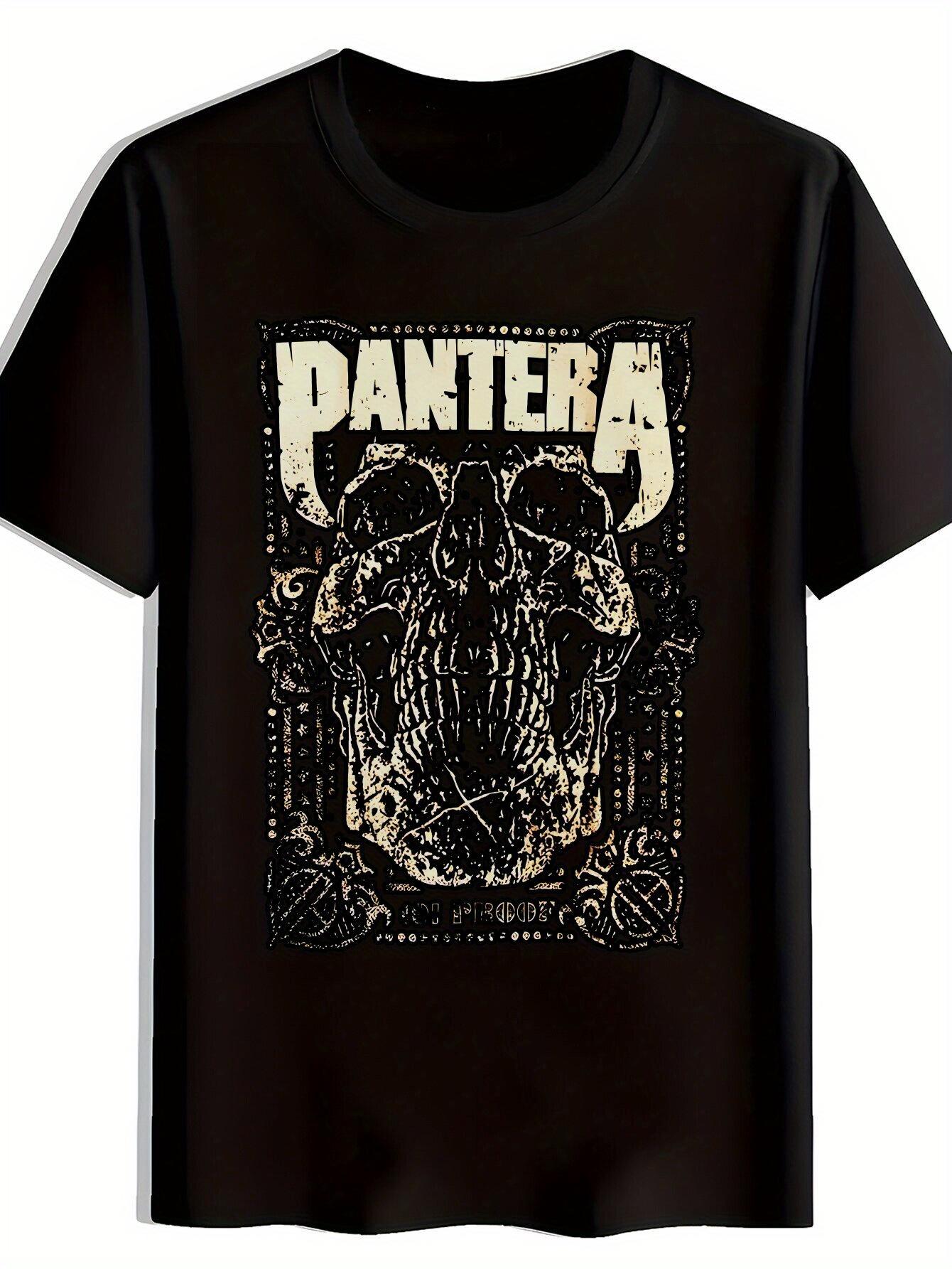 

Black Pantera Rock Band Graphic T-shirt - Summer Crew Neck Polyester Tee with Bold Skull & Floral Design XL